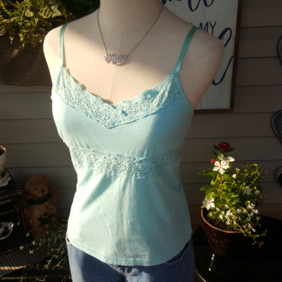 OLD NAVY ♡ Gorgeous Vintage Aqua Perfect Fit Lacey Cami Bralette Babydoll Top S - Picture 2 of 13